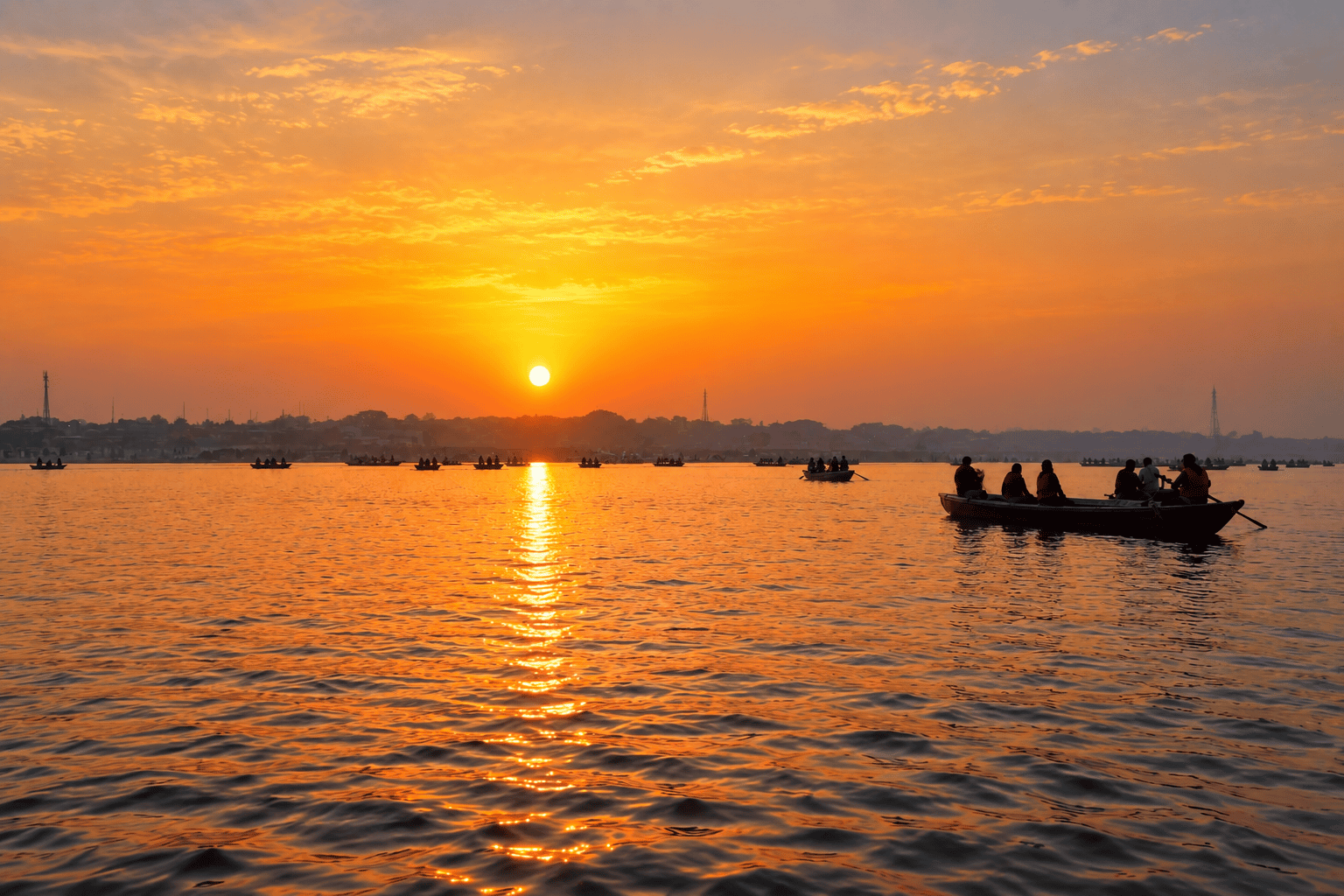 Prayagraj Sangam with boats and local visitors