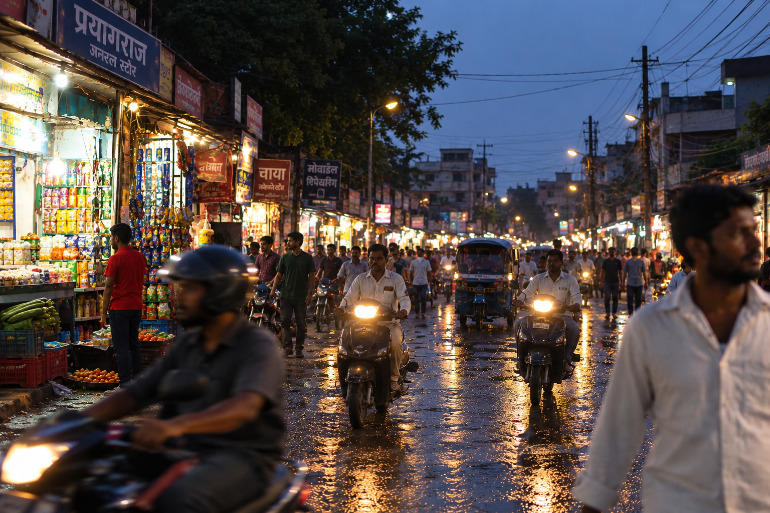 Busy local market and businesses in Prayagraj at evening